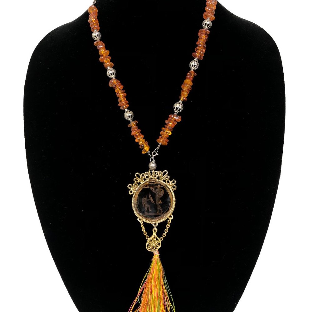 Amber & Silver Convertible Bracelet Necklace w/ Intaglio LJM Cupid Brooch